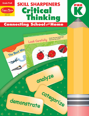 Evan-Moor Skill Sharpeners Critical Thinking, PreK Workbook, Problem Solving Skills, Fun Activities, Higher-Order, Open-Ended Questions and Challenges, Science, Math, Social Studies, Language Arts